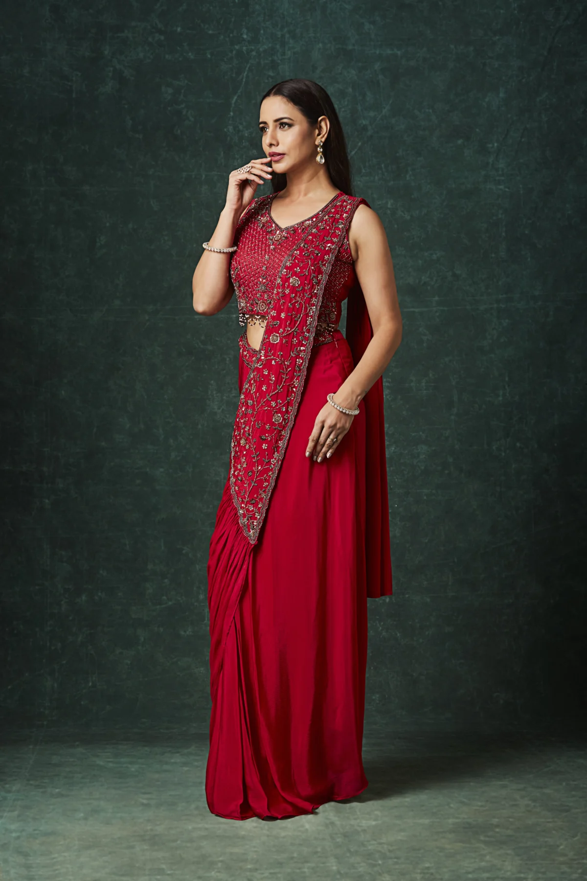 Crimson red embroidered draped saree with designer blouse for wedding and party wear