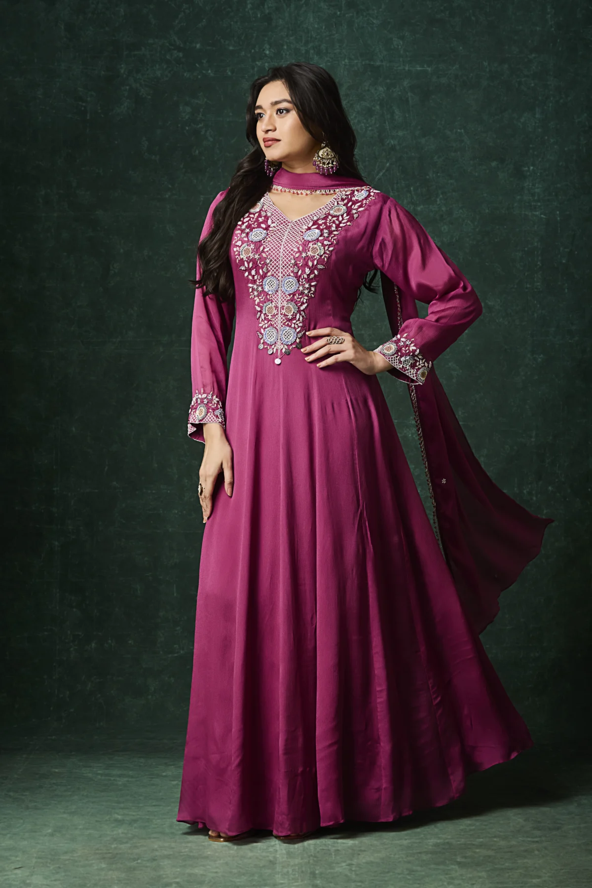 Wine embroidered Indo-Western long kurta dress with flowy silhouette and elegant detailing
