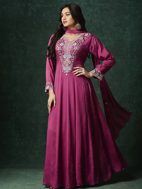 Wine embroidered Indo-Western long kurta dress with flowy silhouette and elegant detailing