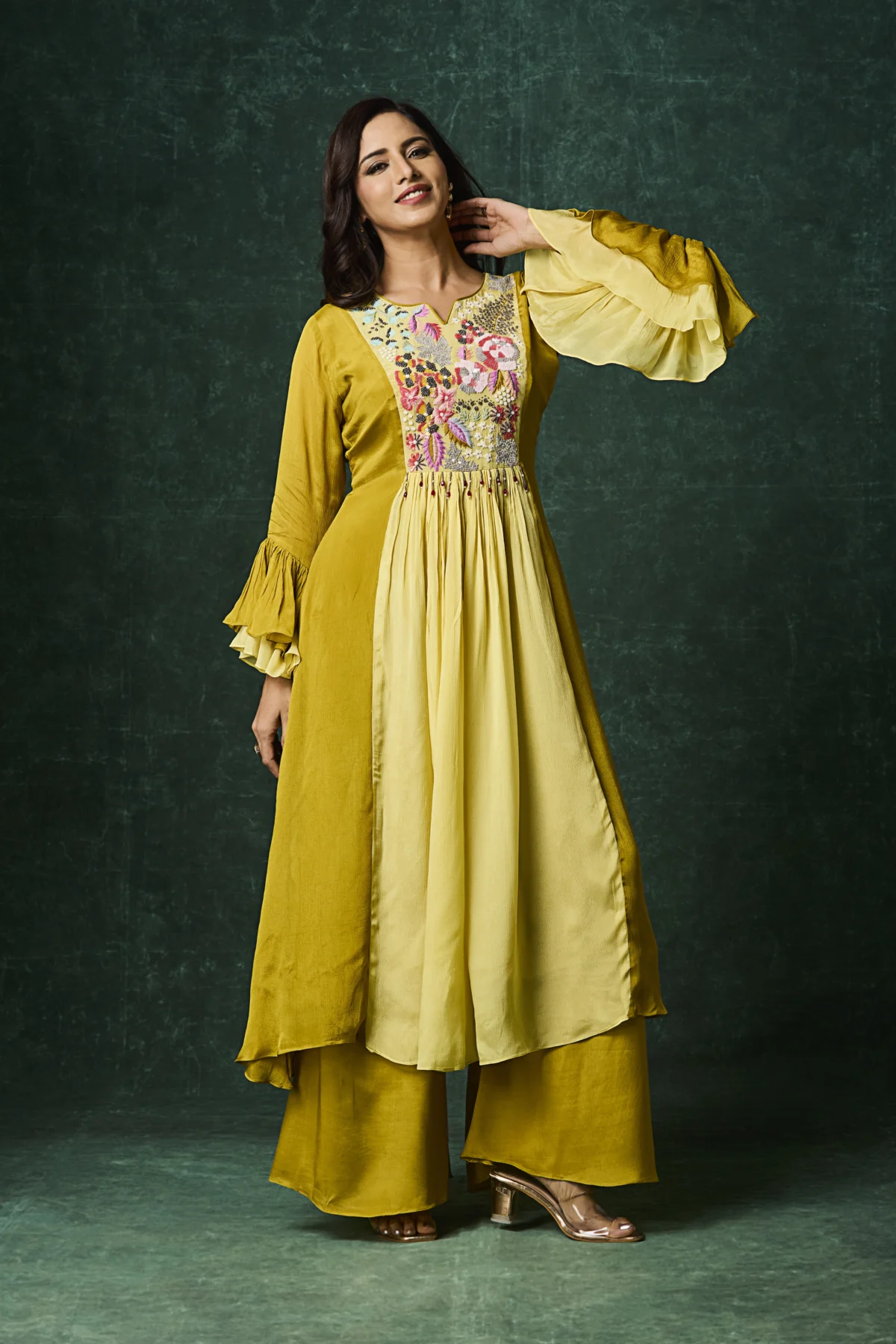 4️⃣ SEO Slug sunehri-gulnaar-indo-western-embroidered-palazzo-set 5️⃣ Alt Text (SEO Optimised) Mustard yellow indo western embroidered kurta with palazzo pants for women