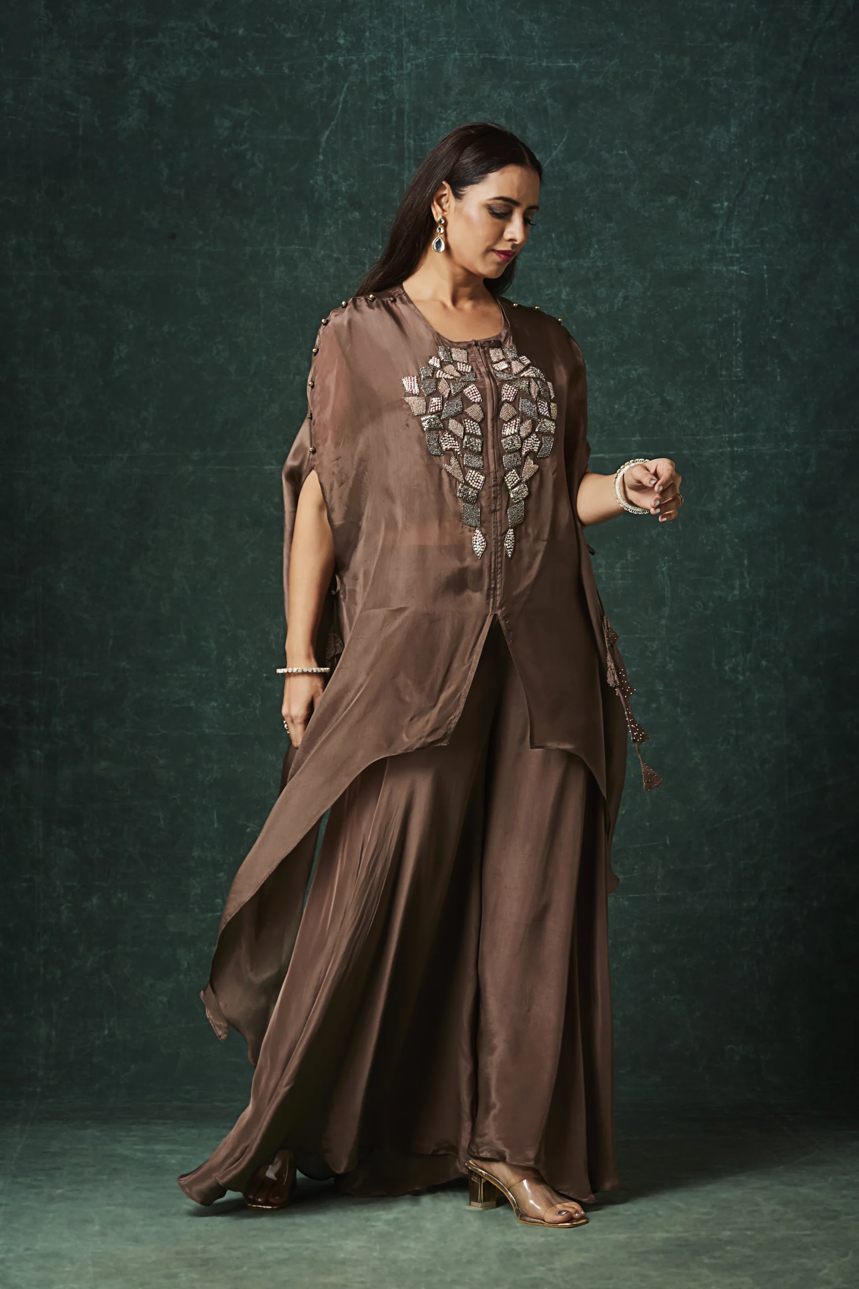 Mocha embellished cape-style Indo-Western ensemble with layered flowy silhouette