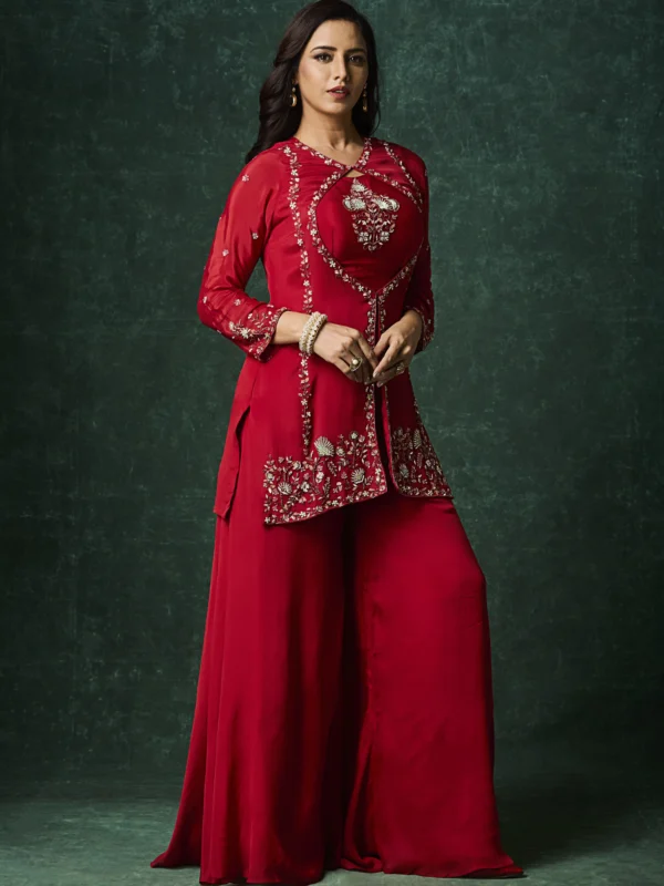 Crimson red embroidered jacket-style Indo-Western outfit for festive occasions
