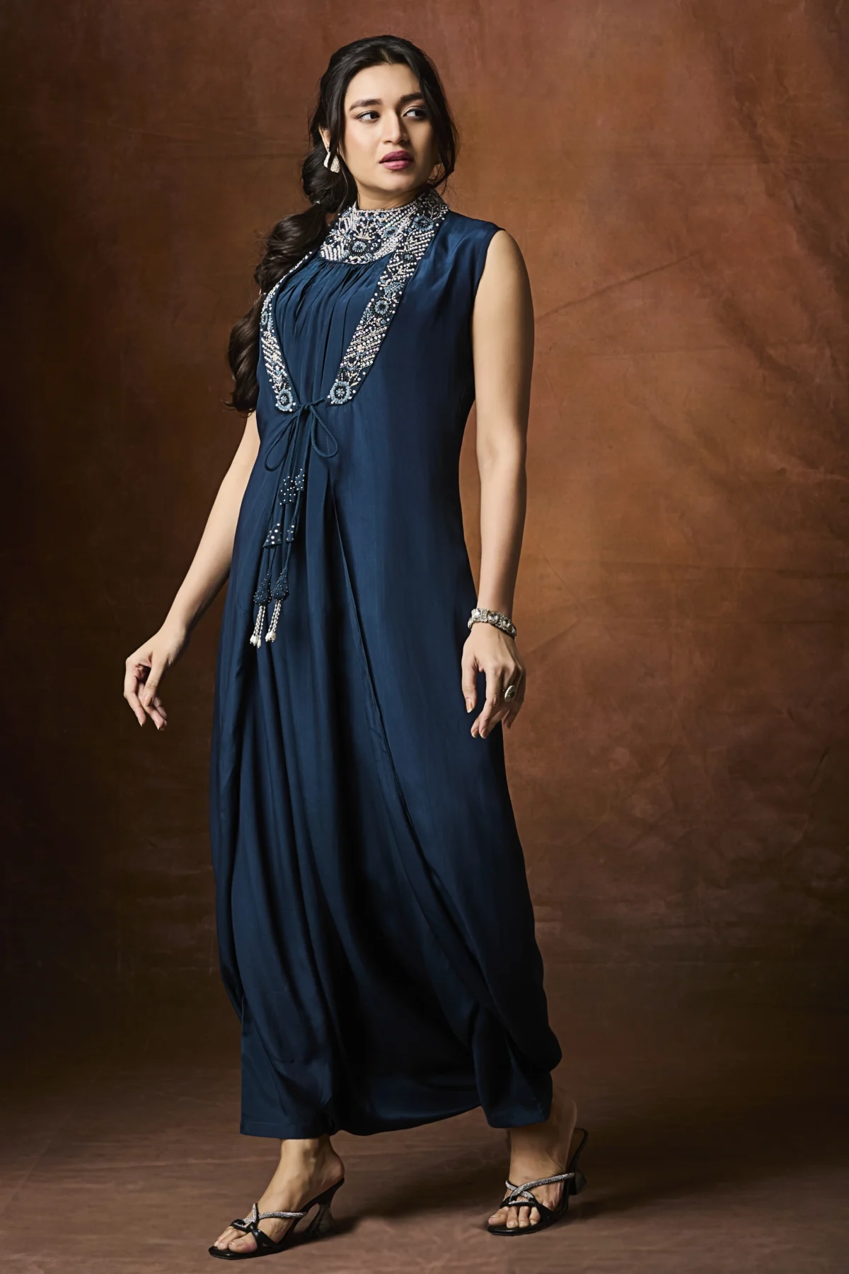 Midnight blue embellished indo western maxi dress for women
