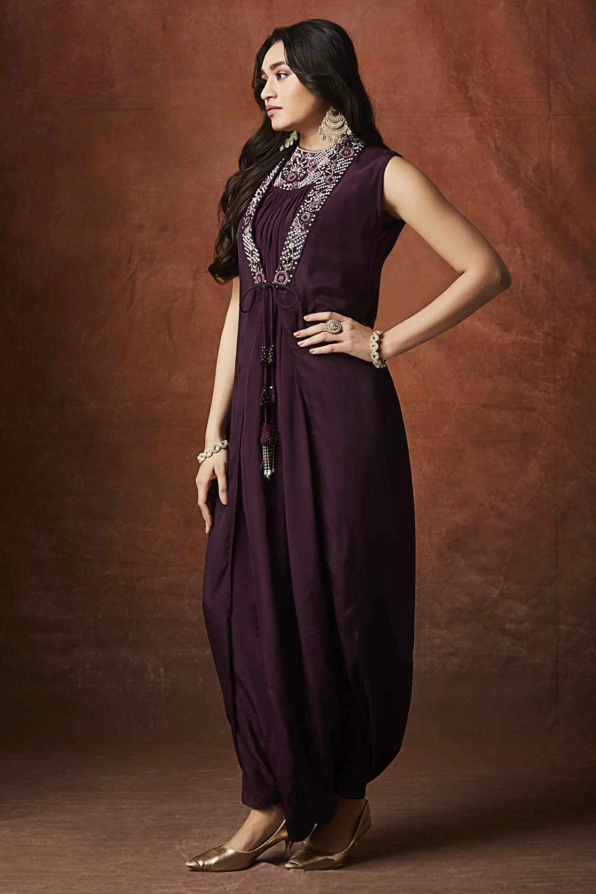 Wine color embellished indo western draped maxi dress for women