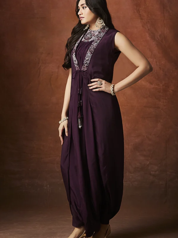 Wine color embellished indo western draped maxi dress for women