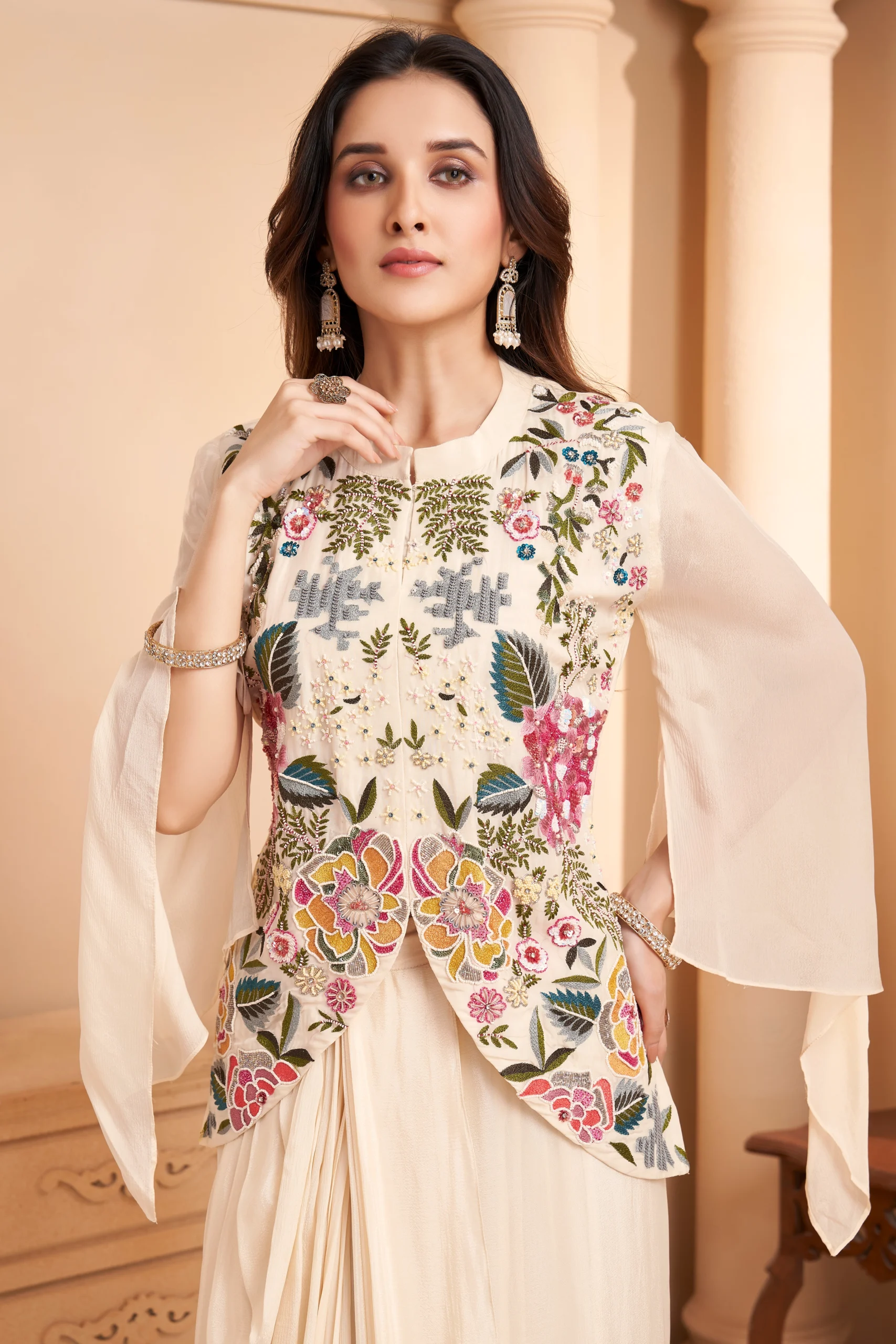 Ivory Bloom Embroidered Indo-Western Drape Set - Image 3