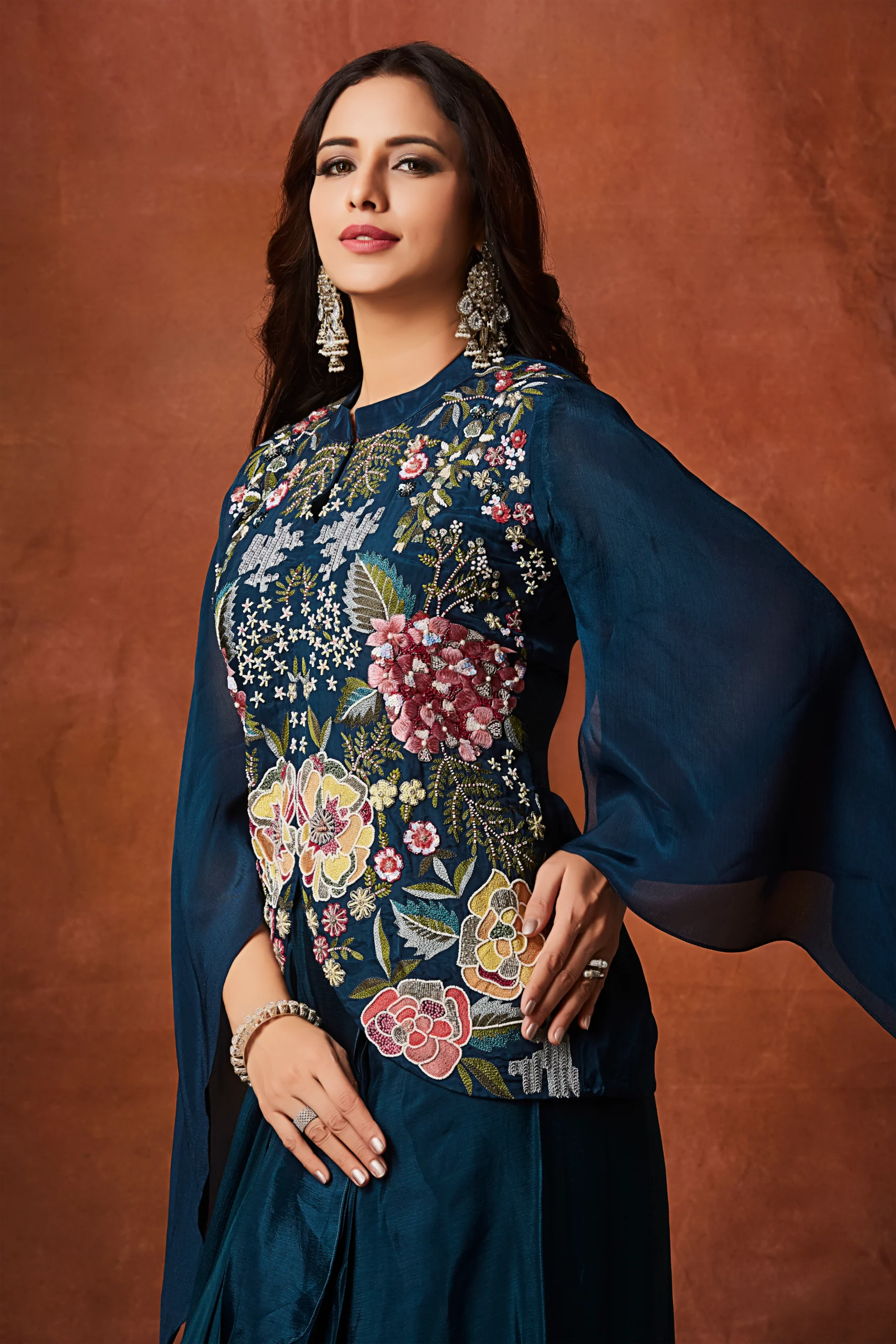 Midnight Teal Floral Embroidered Indo-Western Drape Ensemble - Image 4
