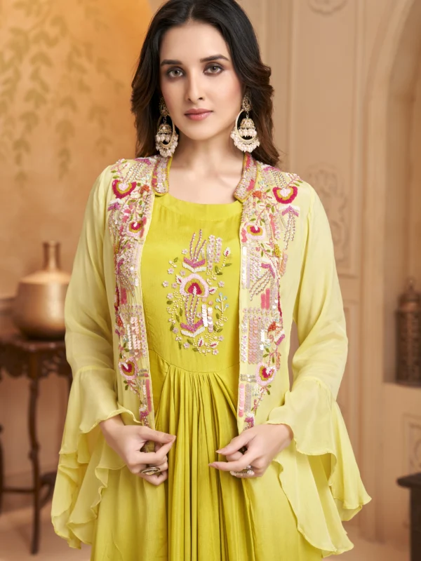 Bright yellow draped Indo Western gown set with embroidered bodice and dupatta for festive and haldi wear
