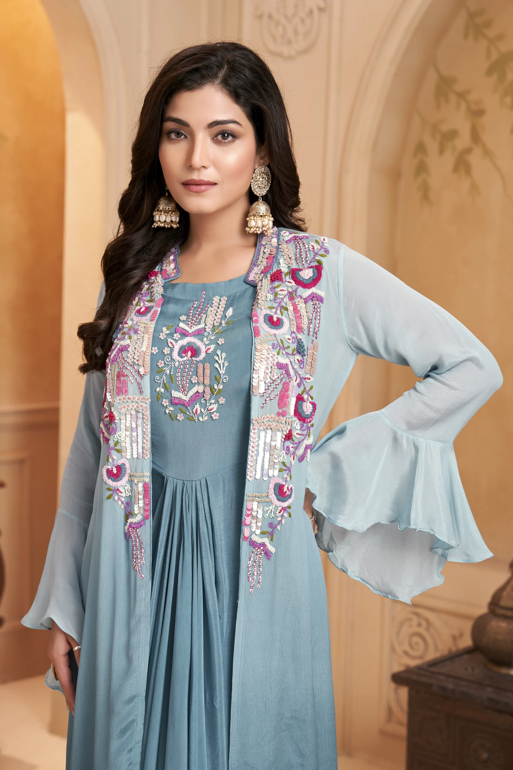 Aqua Meher Layered Indo-Western Draped Ensemble - Image 3