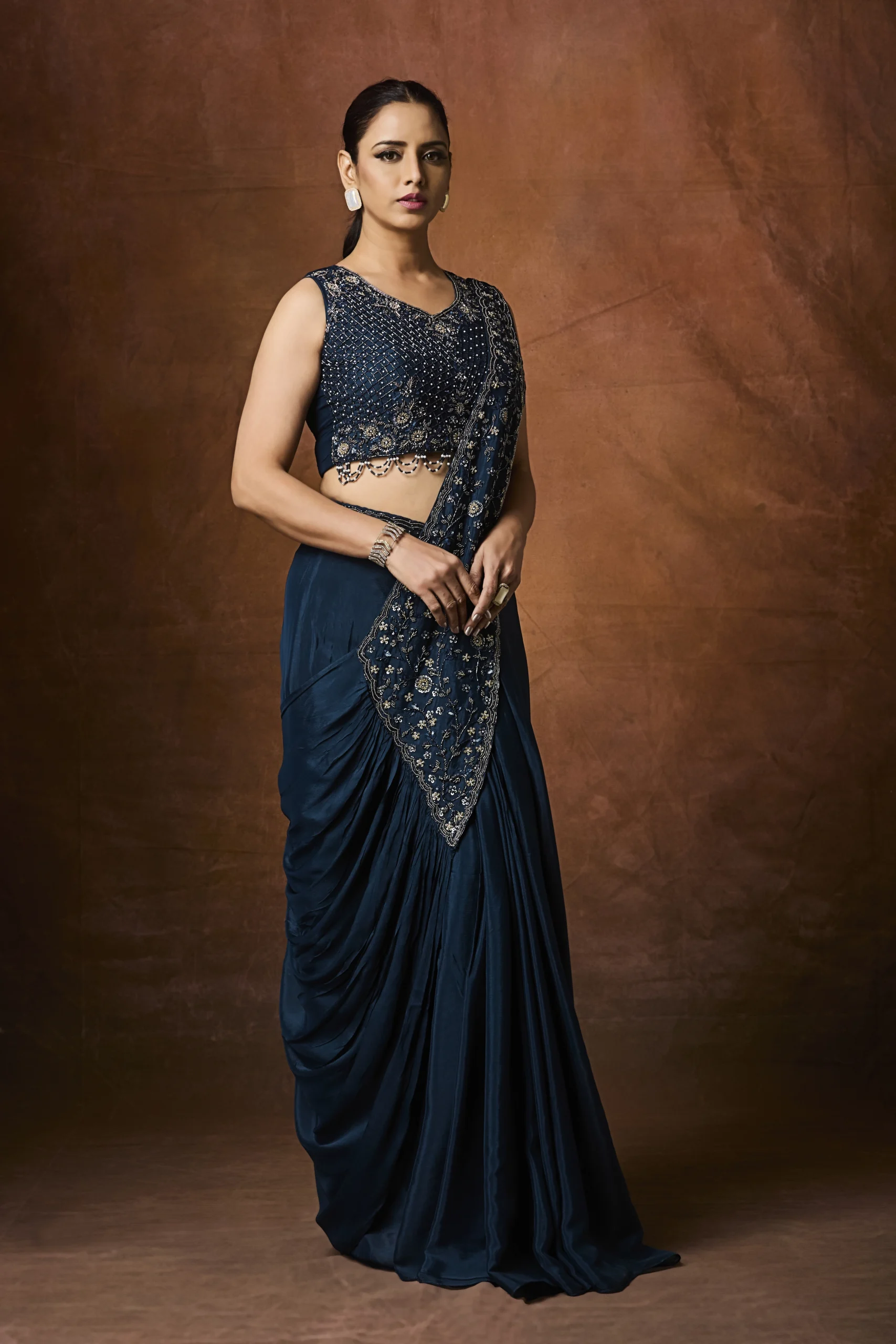 Midnight Teal Hand-Embroidered Pre-Draped Saree - Image 4