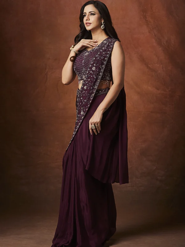 Wine embroidered draped saree with designer blouse for wedding and party wear