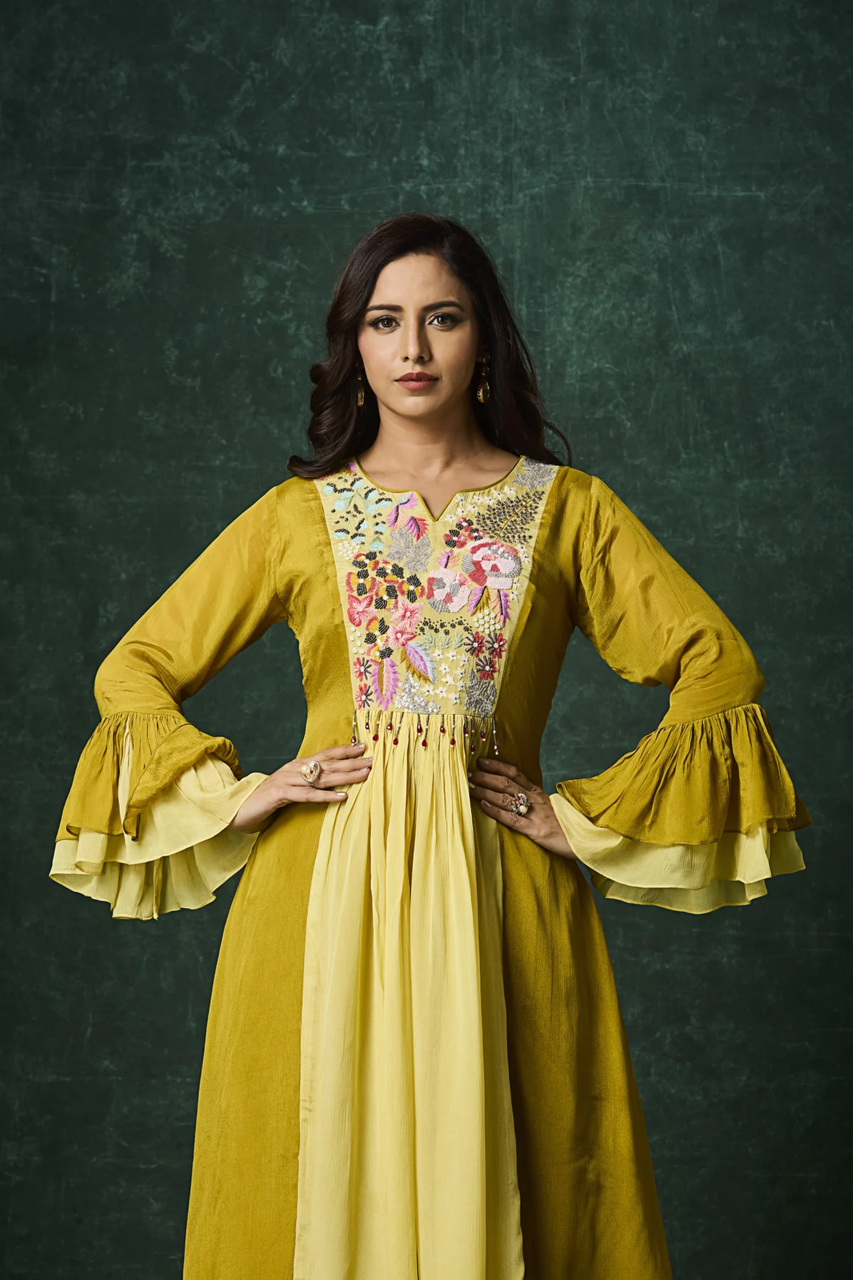 Mustard yellow indo western embroidered kurta with palazzo pants for women