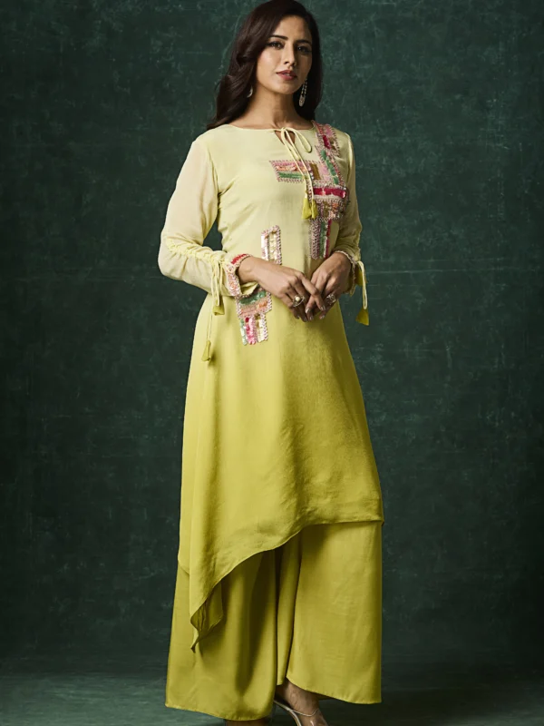 Citrine yellow embroidered Indo Western palazzo set with asymmetrical kurta and multicolor festive thread work for women