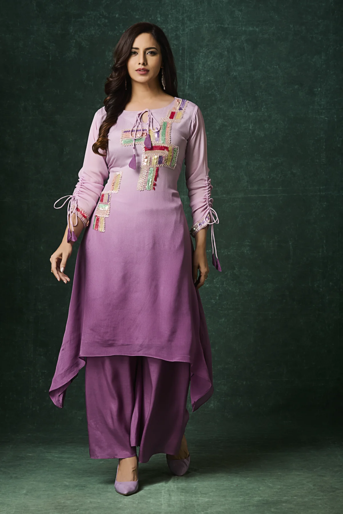 Lavender embroidered Indo Western palazzo set with asymmetrical kurta and multicolor festive thread work for women