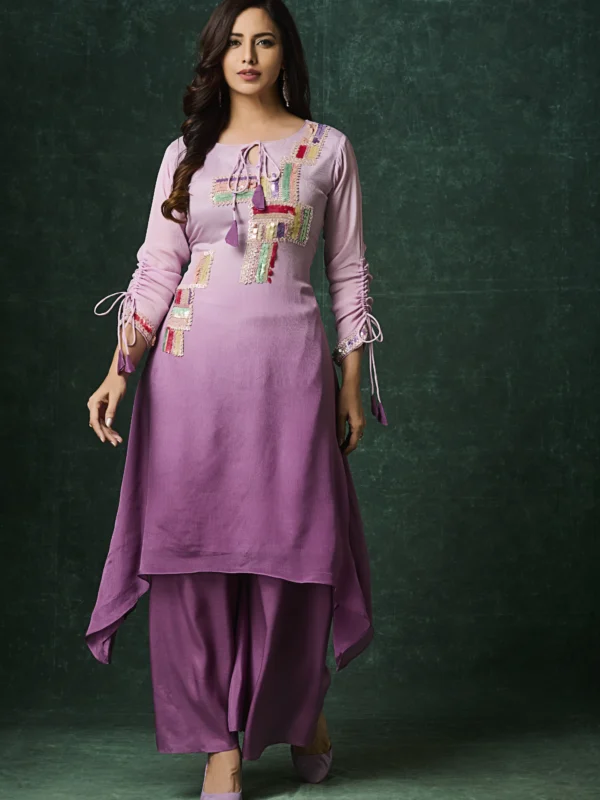 Lavender embroidered Indo Western palazzo set with asymmetrical kurta and multicolor festive thread work for women
