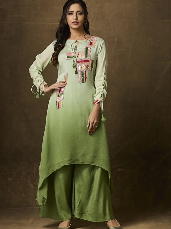 Olive green embroidered Indo Western palazzo set with asymmetrical kurta and festive multicolor thread work for women