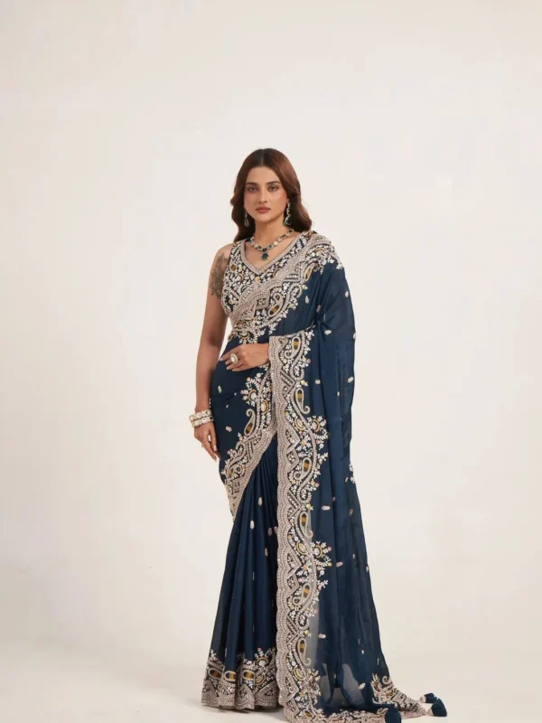 Navy blue Pure Chinon designer saree with heavy embroidered border and ready to wear blouse for wedding and festive occasions
