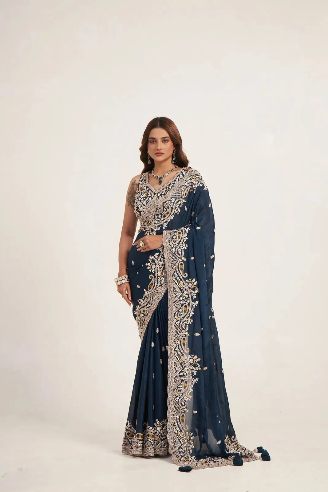 Navy blue Pure Chinon designer saree with heavy embroidered border and ready to wear blouse for wedding and festive occasions