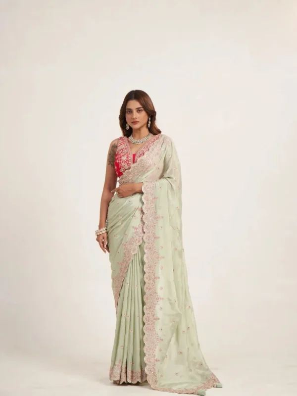 Mint green Pure Chinon designer saree with embroidered scalloped border and ready to wear blouse for wedding and festive occasions