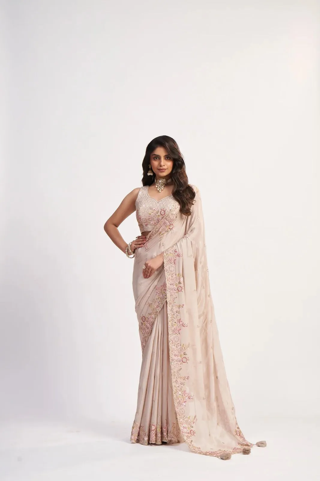 Ivory Pure Chinon designer saree with floral embroidered border and ready to wear blouse for wedding and festive occasions