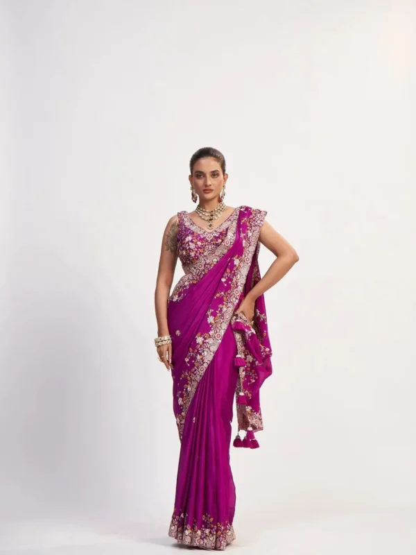 Fuchsia Pure Chinon designer saree with embroidered border and ready to wear blouse for wedding and festive wear
