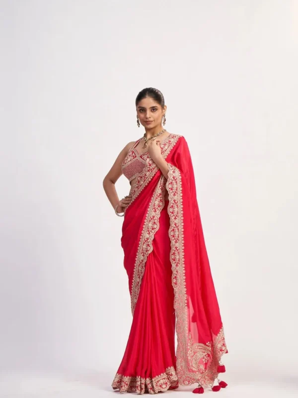 Crimson red Pure Chinon designer saree with embroidered border and ready to wear blouse for wedding and festive wear