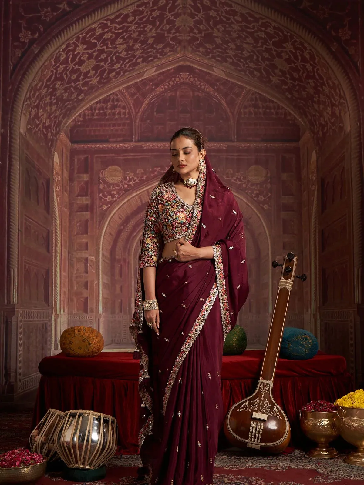royal-mehraab-wine-pure-chinon-designer-saree