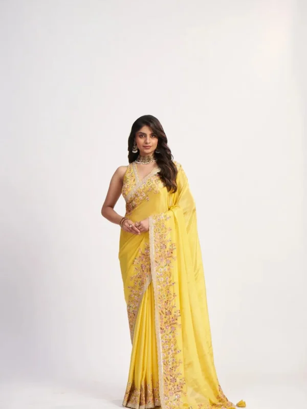 Yellow Designer Saree in Pure Chinon