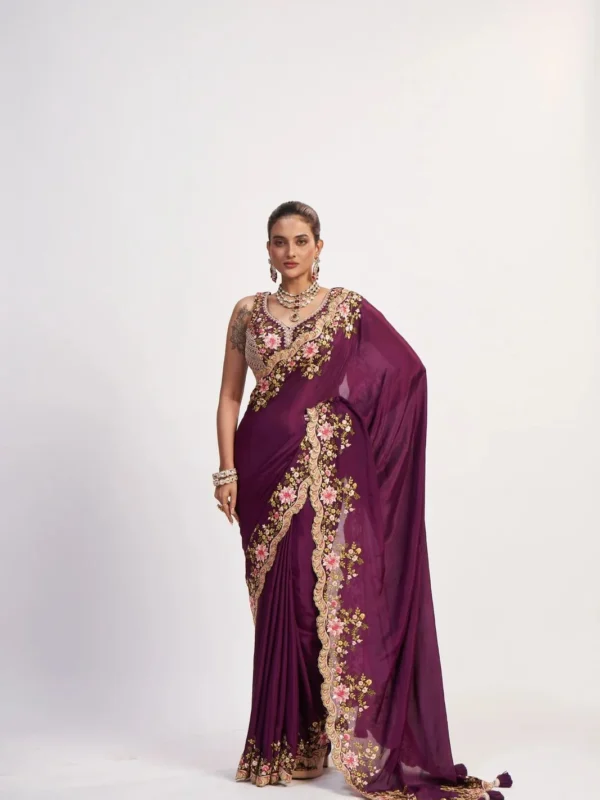 Wine floral embroidered Pure Chinon designer saree with ready-to-wear embroidered blouse and scalloped border for weddings and festive occasions