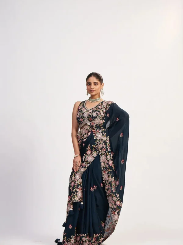 Midnight Blossom Pure Chinon Designer Saree