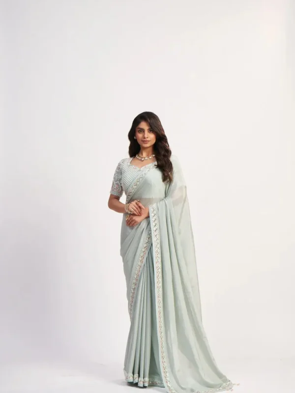 Celeste Pure Chinon Designer Saree with embroidered lace border and ready-to-wear embroidered blouse for wedding and party wear..