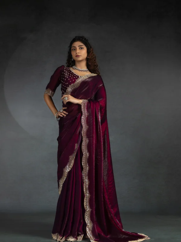 Wine Shimmer Georgette Designer Saree with Embellished Scallop Border for Wedding, Reception and Party Wear