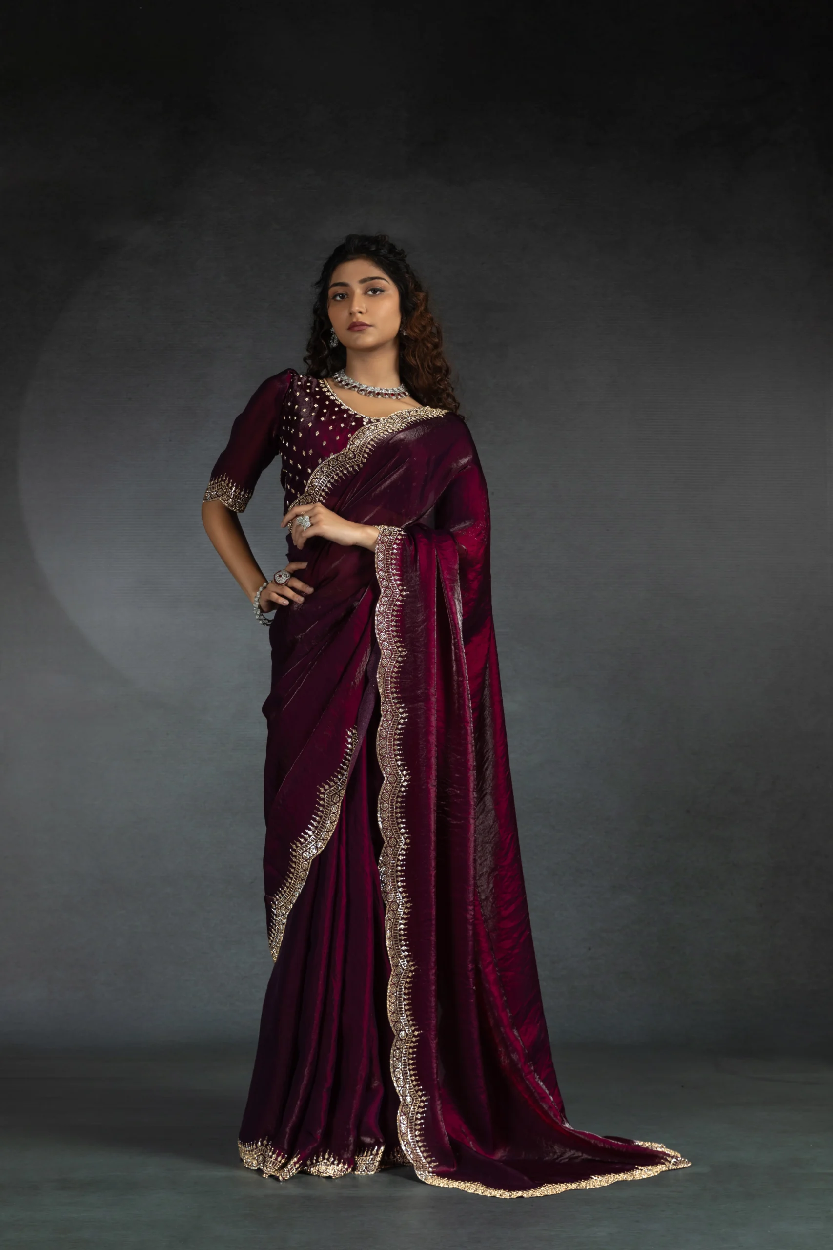 wine-shimmer-georgette-designer-saree-embellished-scallop-border