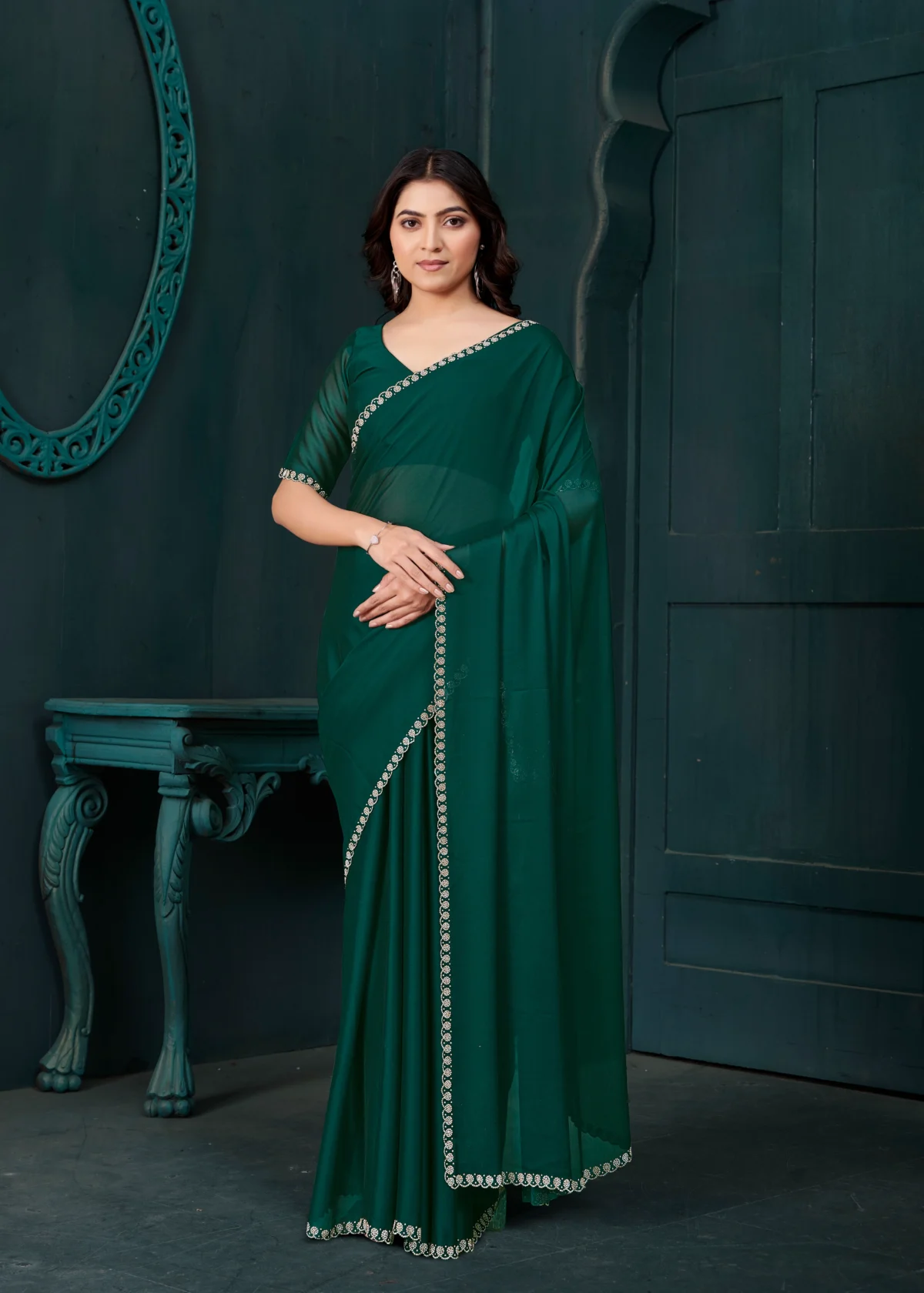 Bottle Green Designer Georgette Saree with Embroidered Border for Festive Celebrations