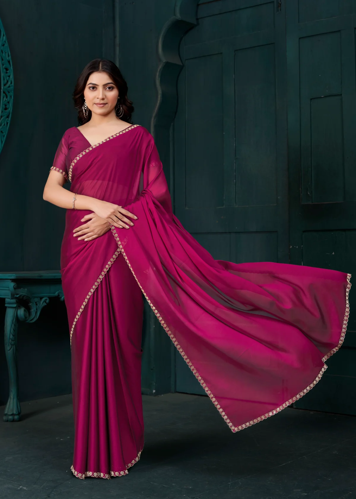 Hot Pink Designer Georgette Saree with Embroidered Border for Party Wear