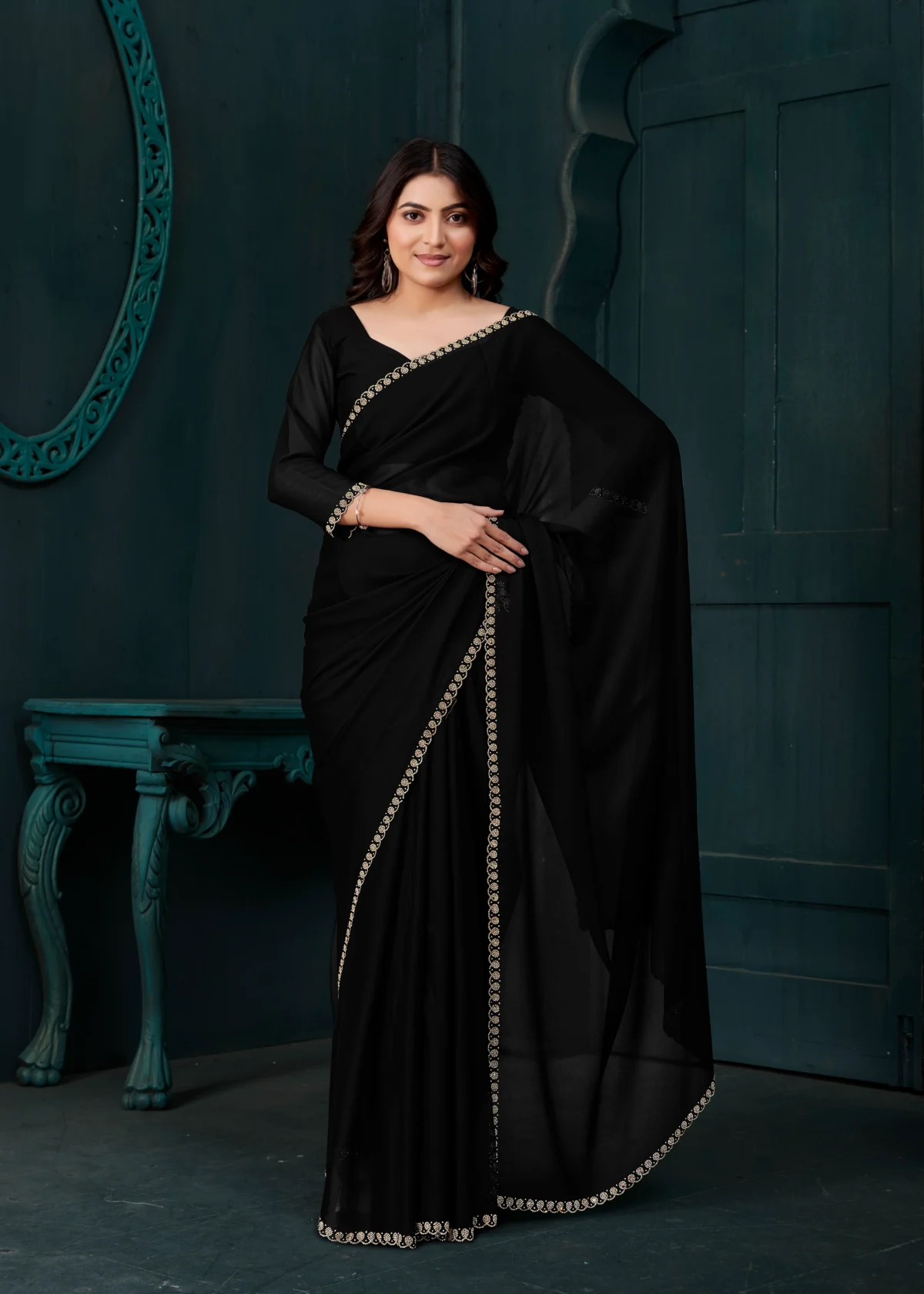 Black Designer Georgette Saree with Embroidered Border for Evening Wear