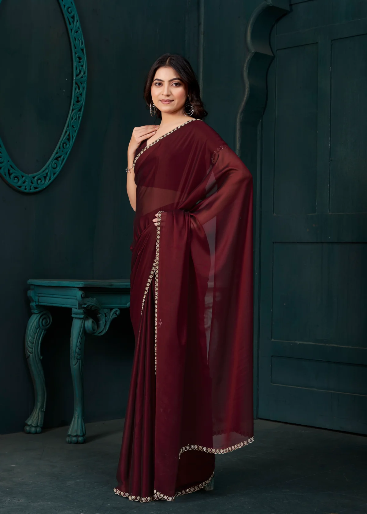 Mehroon Designer Georgette Saree with Embroidered Border for Festive Wear