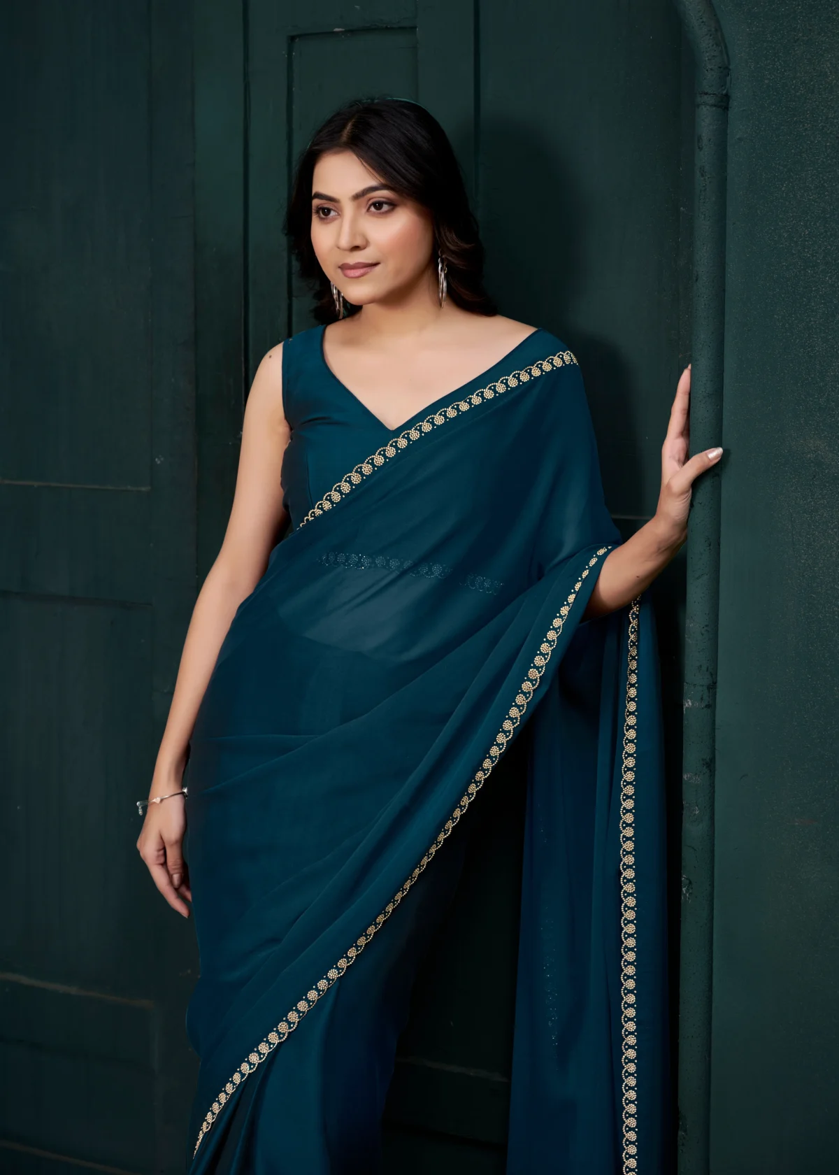 Midnight Blue Designer Georgette Saree with Embroidered Border for Wedding Wear