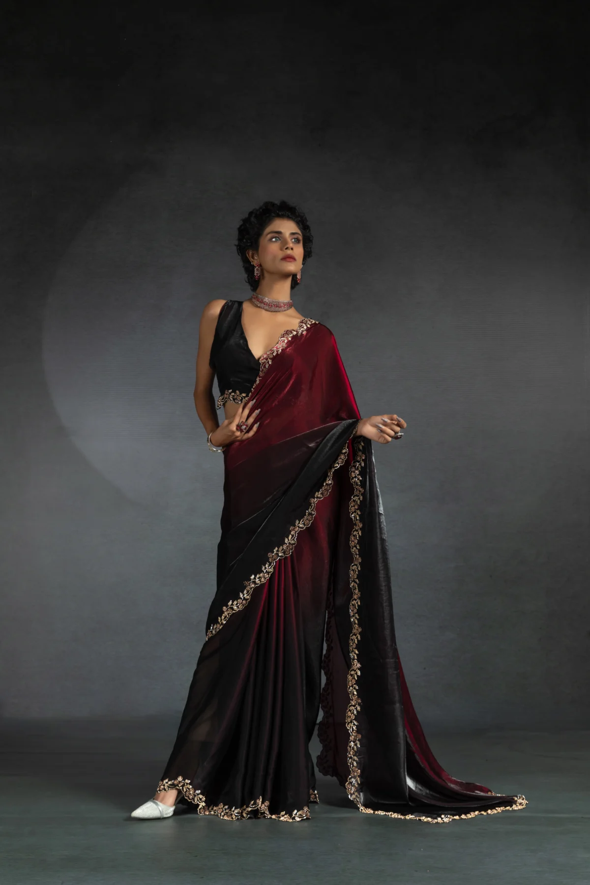Black & Wine Dual Tone Shimmer Georgette Designer Saree with Embellished Border for Wedding & Party Wear