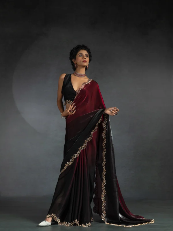 Black & Wine Dual Tone Shimmer Georgette Designer Saree with Embellished Border for Wedding & Party Wear