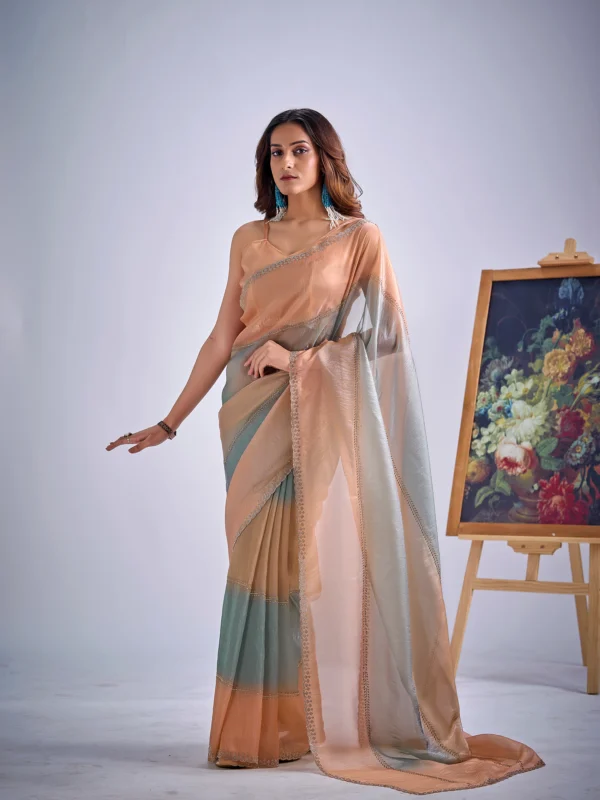 Celeste pastel colourblock organza tissue designer saree with embellished lace border for wedding, festive and party wear.