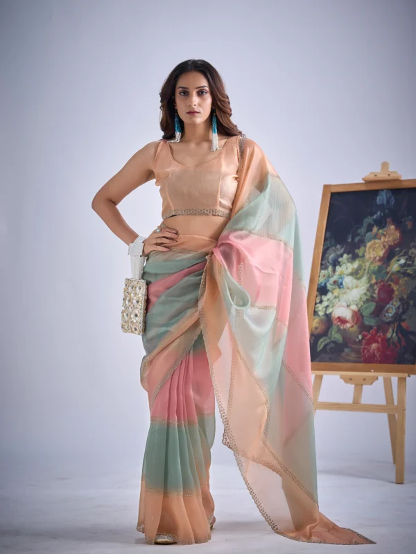Celeste pastel colourblock organza tissue designer saree with embellished lace border for wedding, festive and party wear.