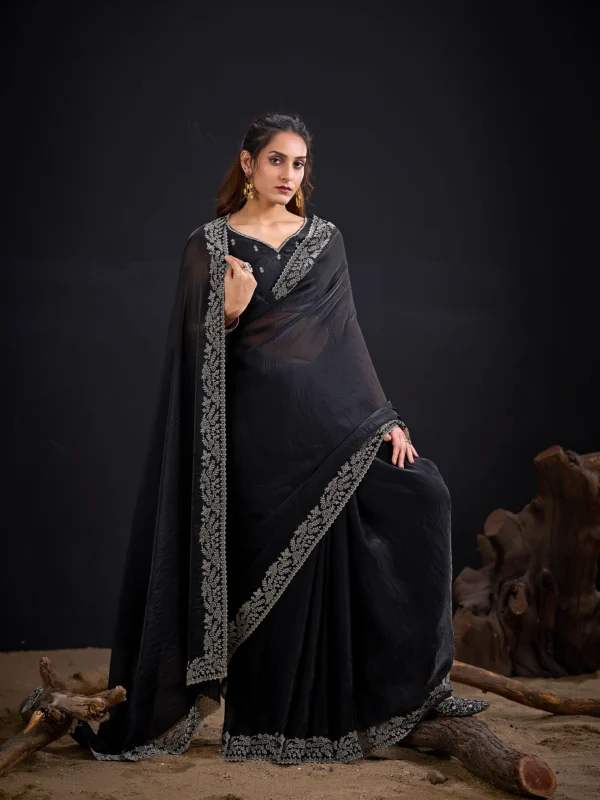 Luxury crush shimmer georgette designer saree with Swarovski stone embellished border and unstitched blouse piece, perfect for wedding, festive and party wear.