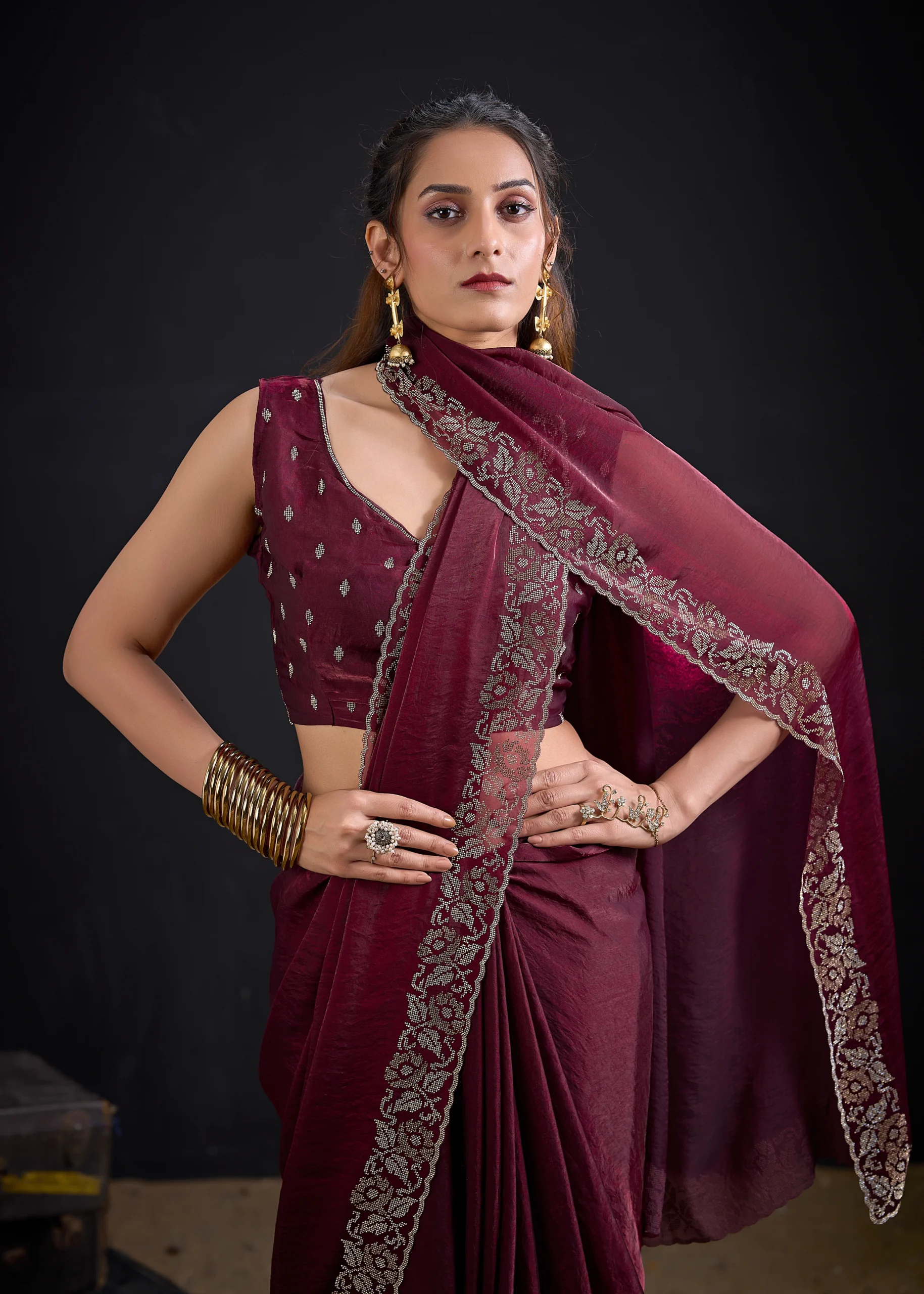 Noor Swarovski Crush Shimmer Georgette Designer Saree with Swarovski Stone Border and Unstitched Blouse in Teal Blue, Navy Blue, Mehroon, Cherry Pink, Black and Purple.