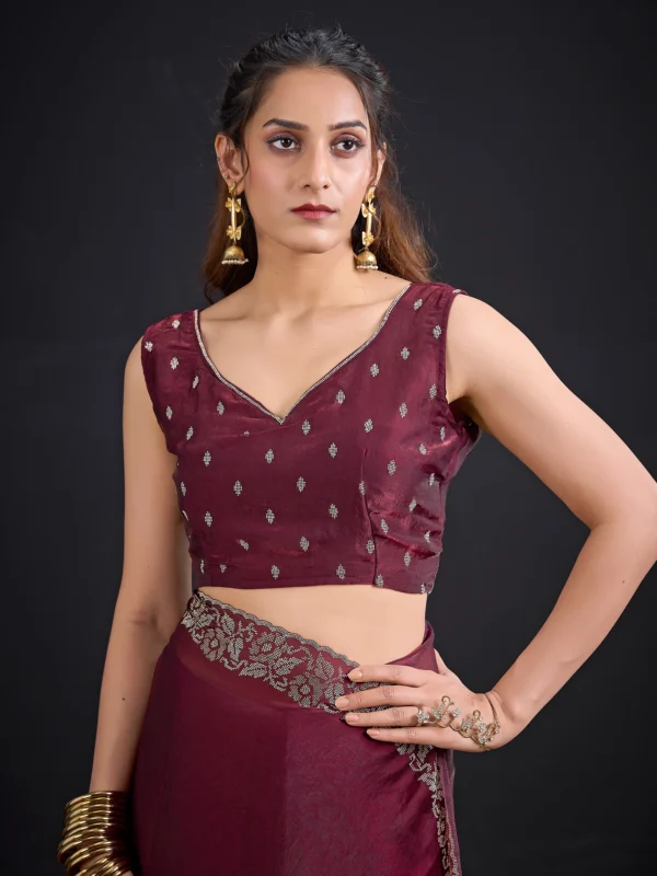 Noor Swarovski Crush Shimmer Georgette Designer Saree with Swarovski Stone Border and Unstitched Blouse in Teal Blue, Navy Blue, Mehroon, Cherry Pink, Black and Purple.