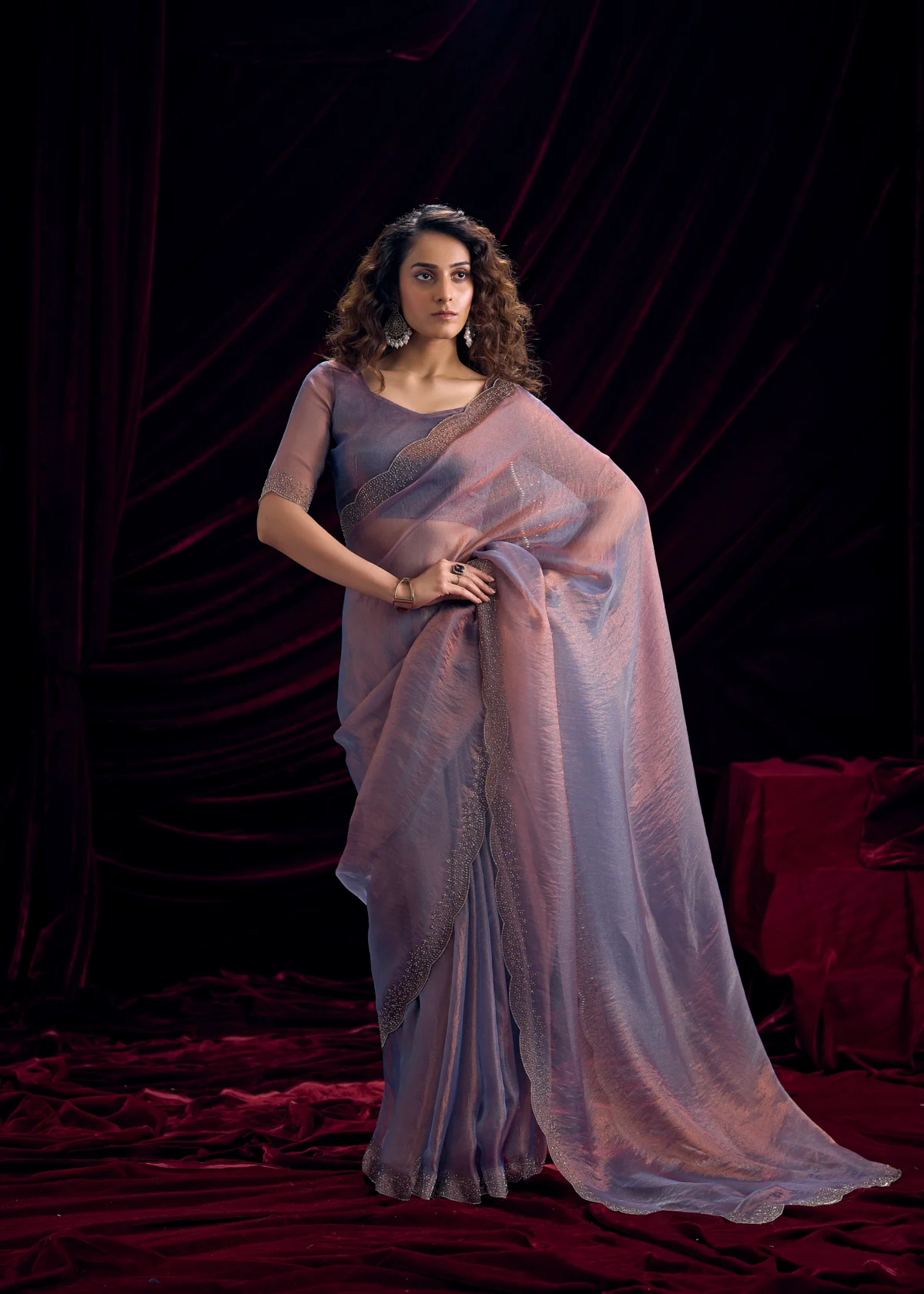 Lavender Meher Swarovski Shimmer Georgette Designer Saree with Swarovski Hand Work and Designer Blouse.