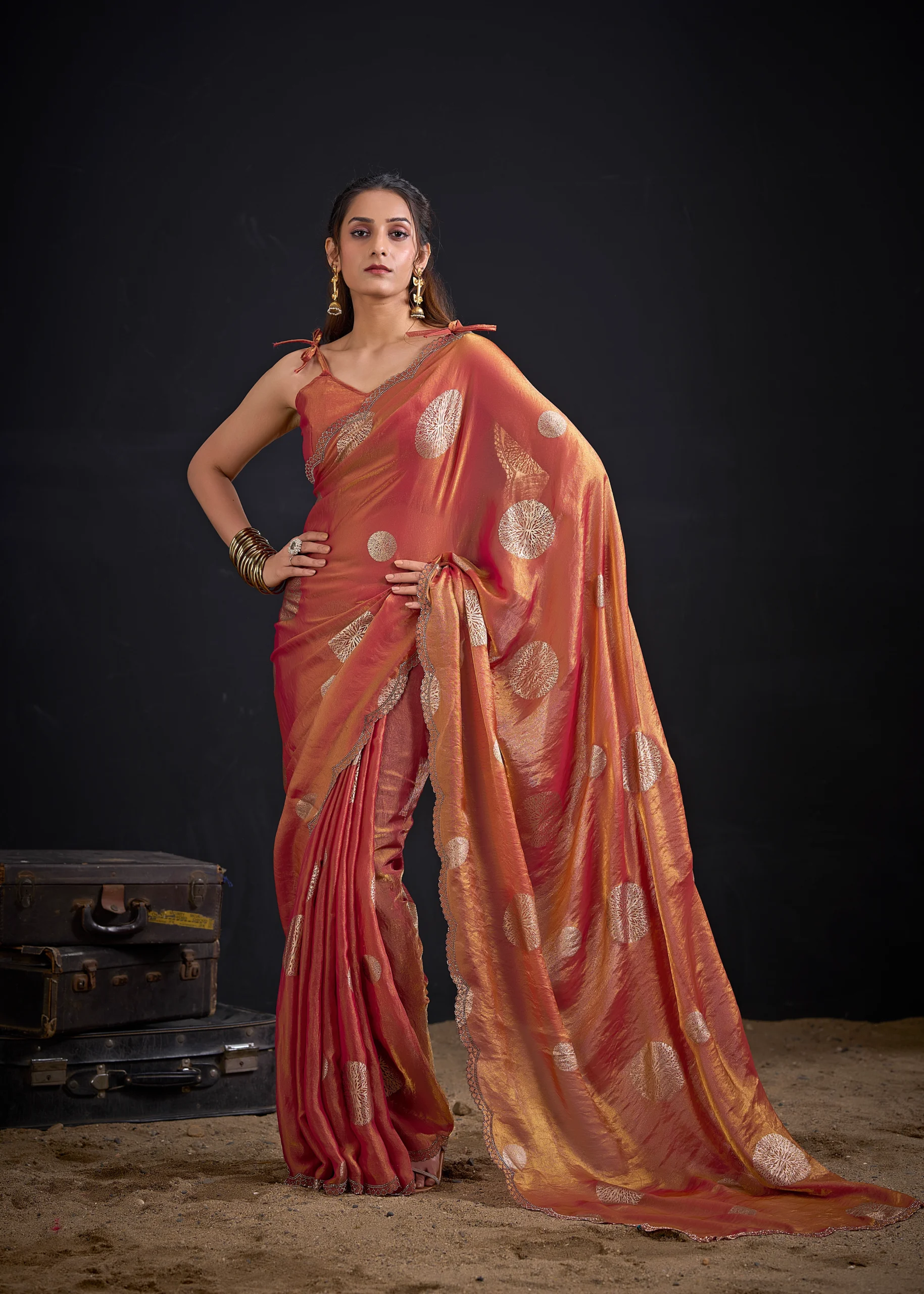 Antique Gold Shimmer Tissue Saree featuring Silver Floral Foil Print with Designer Unstitched Blouse