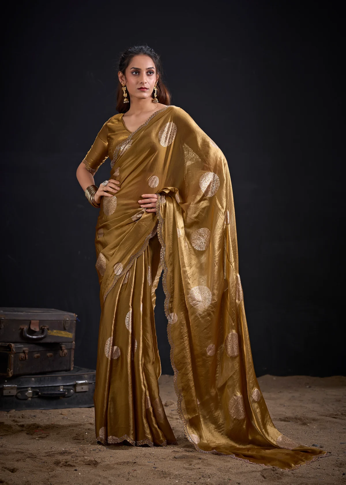 Bronze Gold Premium Shimmer Tissue Saree with Silver Floral Foil Motifs for Wedding and Party Wear