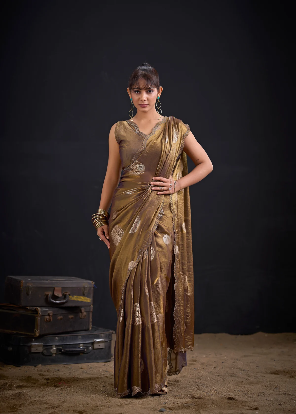 Bronze Gold Premium Shimmer Tissue Saree with Silver Floral Foil Motifs for Wedding and Party Wear