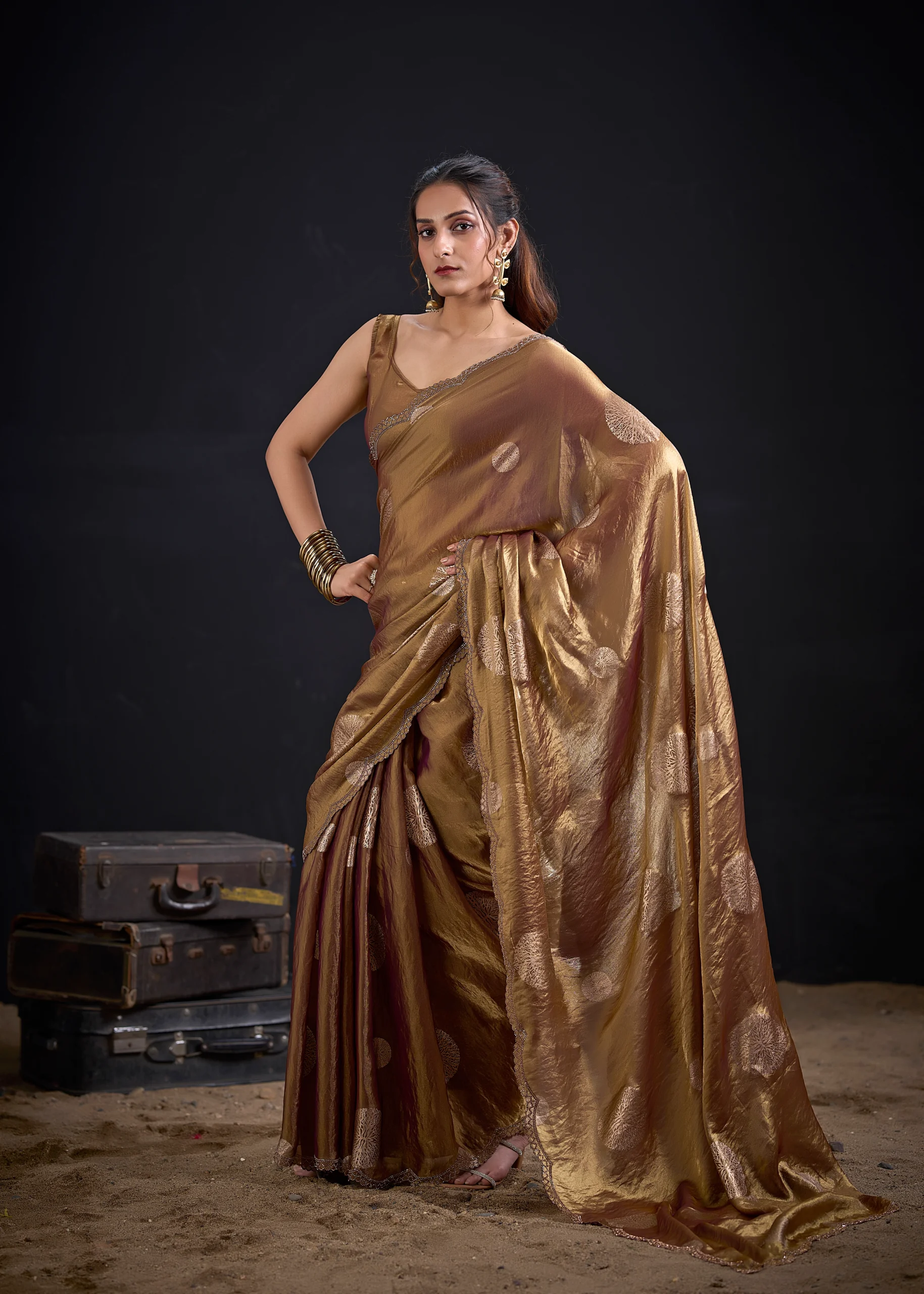 Rose Copper Shimmer Tissue Saree with Silver Floral Foil Motifs and Matching Unstitched Blouse by Rangoli Saris